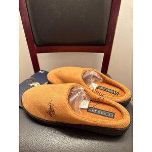 New US Polo Mens Slippers Size S 7 8 Tan Suede Indoor Outdoor Cushion Comfort